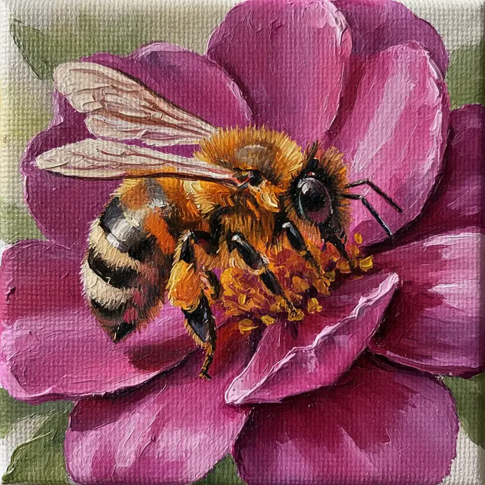 A detailed acrylic painting of a honey bee with translucent wings landing on a purple flower.