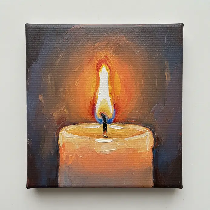A small acrylic painting of a single white pillar candle with a bright, glowing yellow flame.