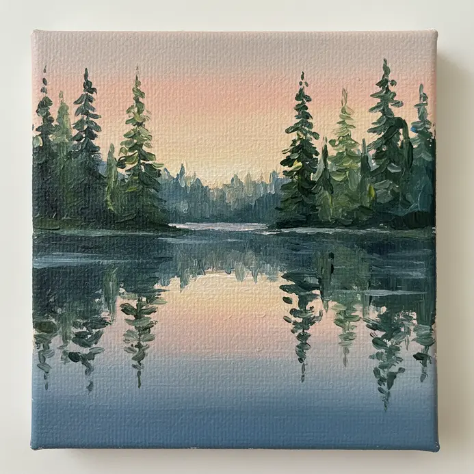 A serene acrylic landscape showing mountains reflected perfectly in the still water of a lake.
