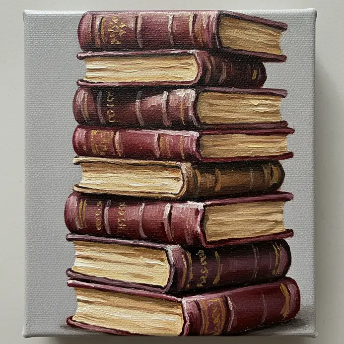 A small acrylic painting of a stack of three vintage books with visible spines and pages.