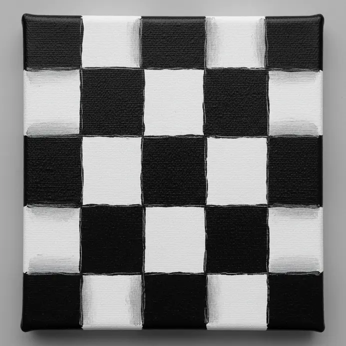 A small canvas with a precise black and white checkerboard pattern painted in acrylics.