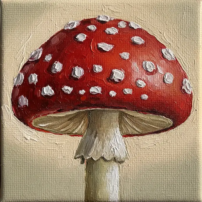 A whimsical acrylic painting of a red amanita mushroom with white spots on a small canvas.