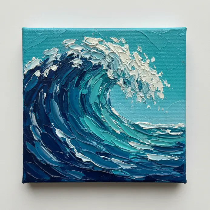 A textured acrylic painting of a crashing ocean wave created with a palette knife on a small canvas.