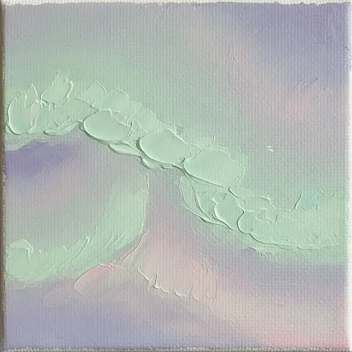 A small acrylic painting depicting soft, swirling pastel colors of the northern lights in a night sky.