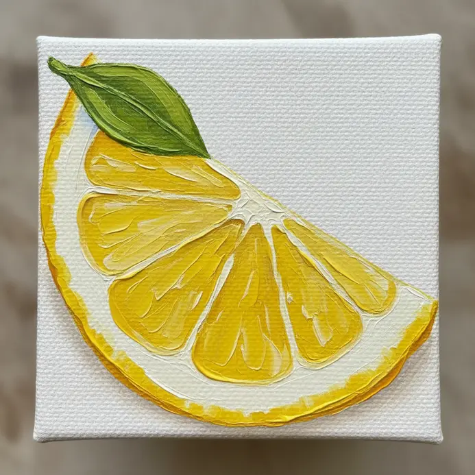 A minimalist acrylic painting of a single bright yellow lemon wedge on a small canvas.