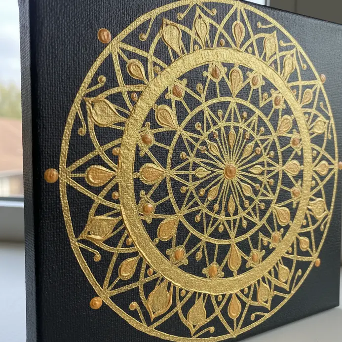 An intricate geometric mandala design painted with gold acrylics on a small, dark canvas.