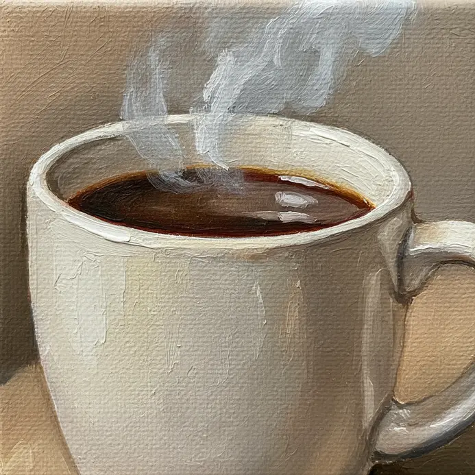 A cozy acrylic painting of a white ceramic coffee mug with swirling steam on a small canvas.
