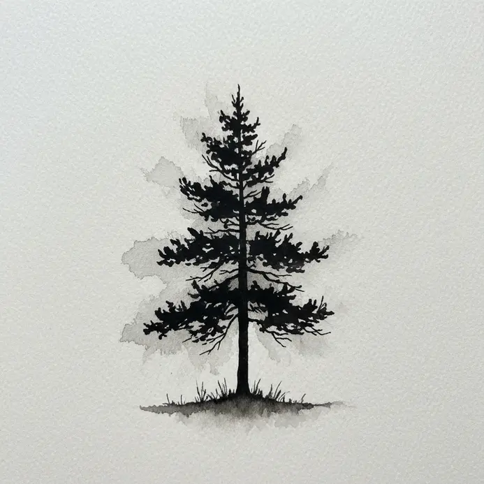 A minimalist black ink silhouette of a pine tree against a white background.