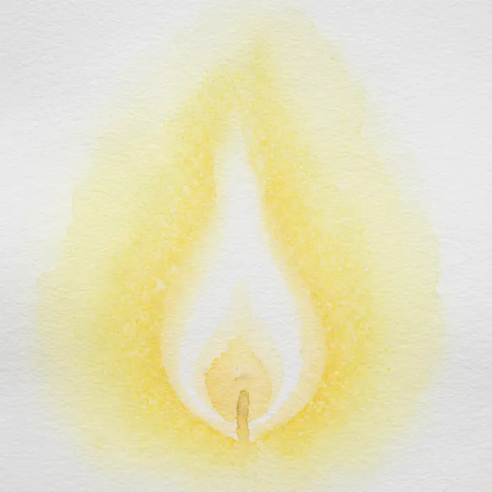A soft, blended yellow watercolor wash shaped like a flickering candle flame.