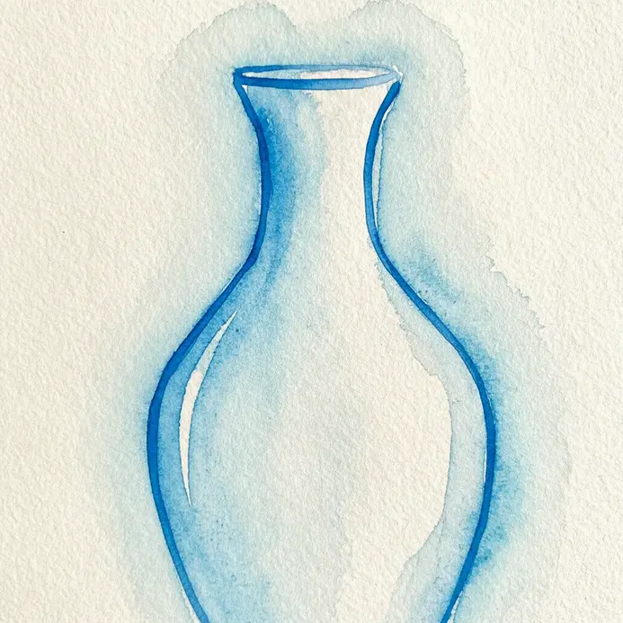A clean, elegant line drawing of an empty vase in blue watercolor.