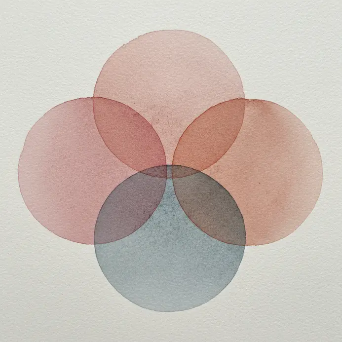 Three overlapping geometric circles created with muted watercolor washes.