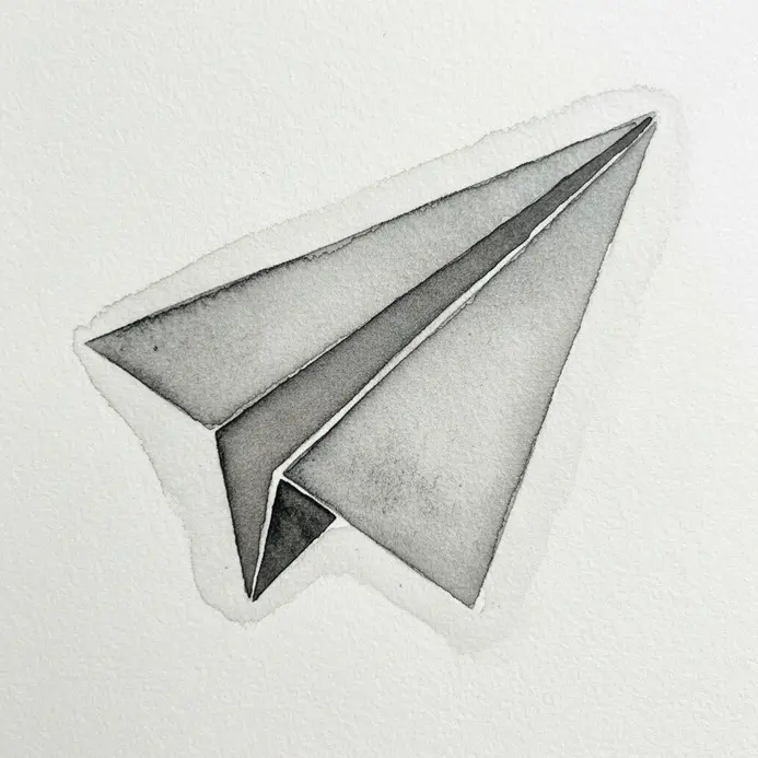 A single, crisp linear sketch of a paper airplane in dark ink on paper.