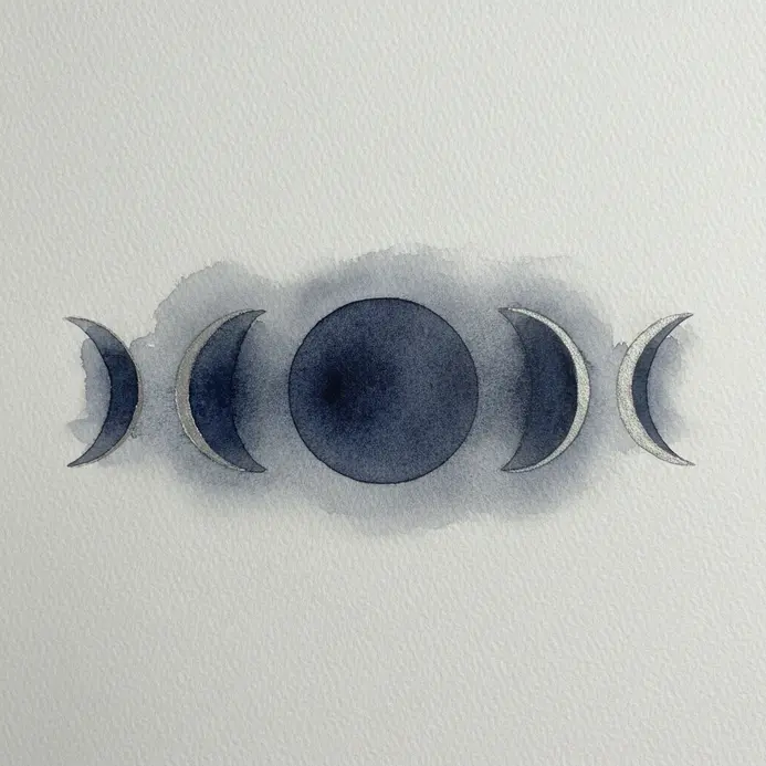 A circular sequence of moon phases painted in a dark, minimalist watercolor style.