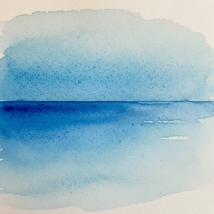 A watercolor painting of a calm ocean horizon using a gradient blue wash.