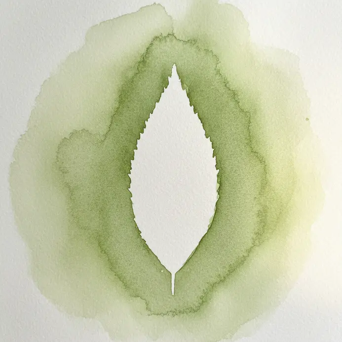 A simple green watercolor leaf where the white paper forms the negative space.