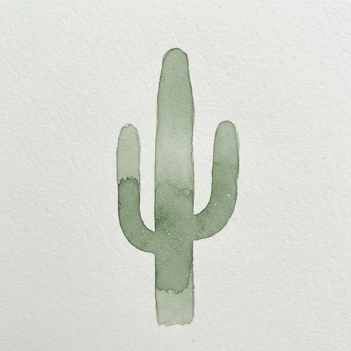 A minimalist silhouette of a cactus painted in a muted sage green watercolor.