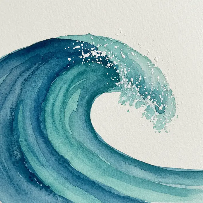 A minimalist curved wave crest in blue watercolor with white spray details.