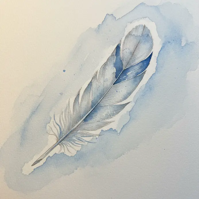 A delicate, detailed blue ink sketch of a feather on watercolor paper.