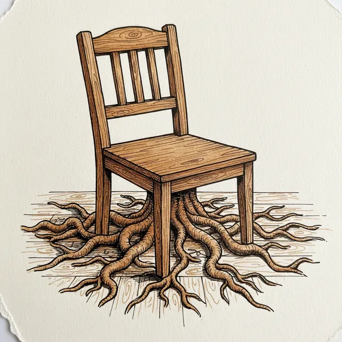 A detailed pen drawing of a simple chair with thick, gnarled roots extending from its legs and spreading across floorboards.