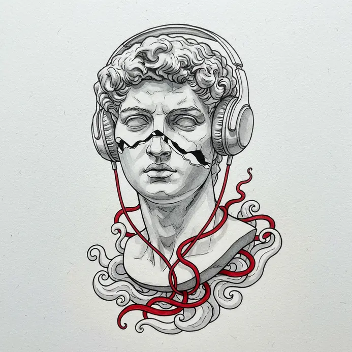 A detailed illustration of a classical marble statue bust wearing a pair of contemporary white wired headphones.