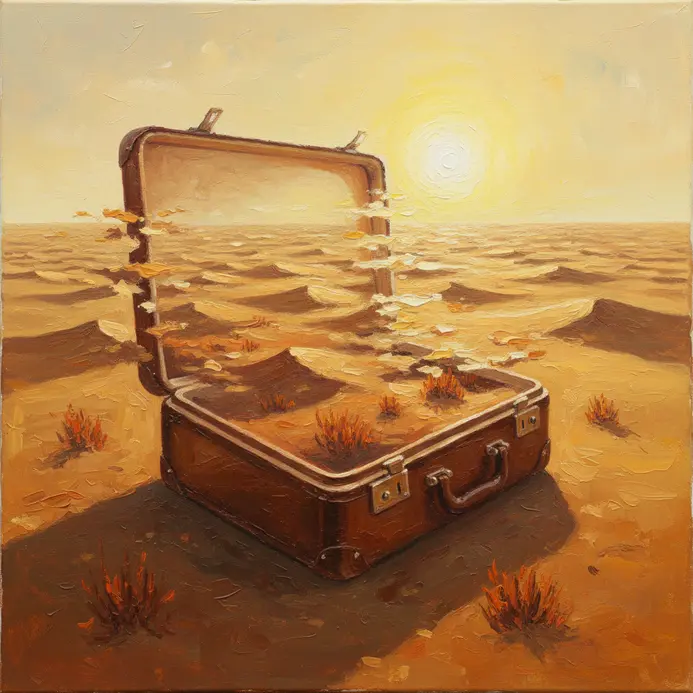 An open vintage leather suitcase, from which the vast, sunlit expanse of a desert landscape unfolds.