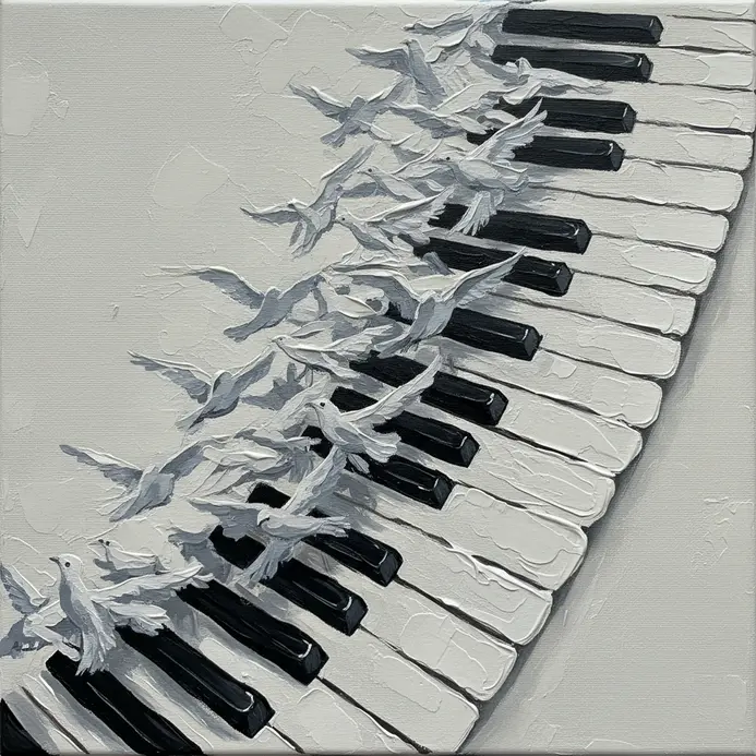 A painting where the black and white keys of a piano are mid-transformation, morphing into a flock of taking flight.