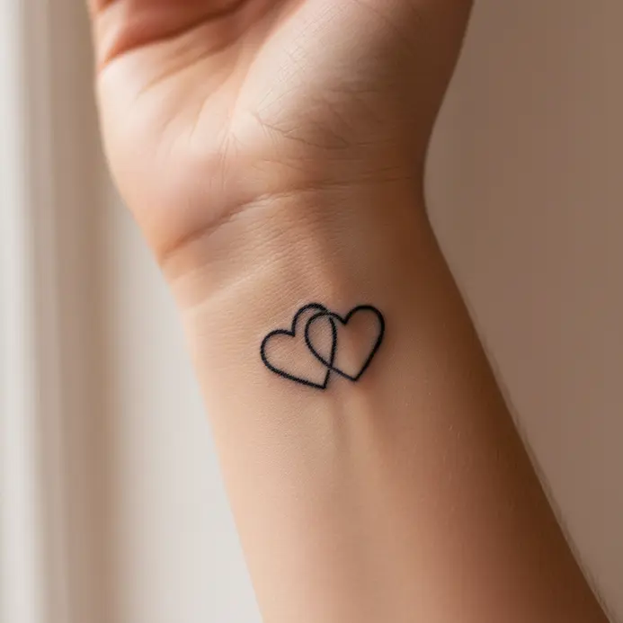Two delicate, thin black heart outlines intertwined on a wrist.
