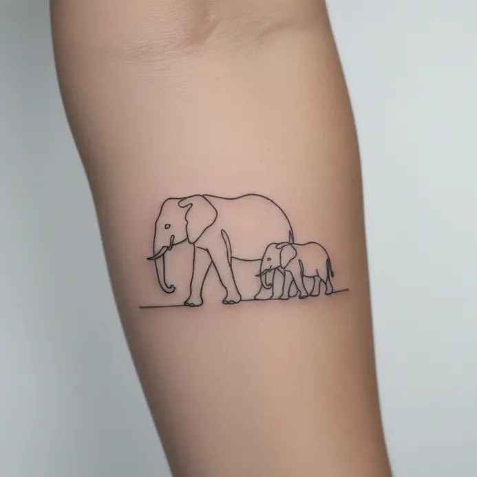 Two simple outline drawings of a large and small elephant walking together.