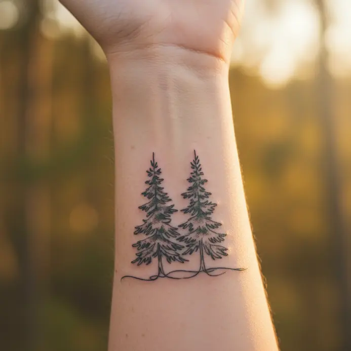 A continuous line drawing forming the shape of a pine tree.