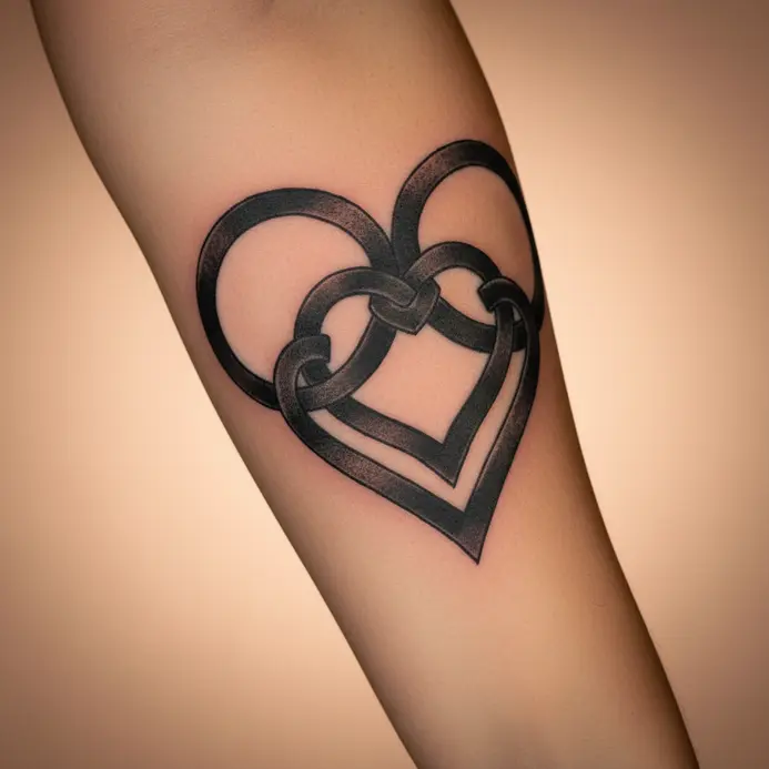 A blackwork tattoo of an endless, looping Celtic knot on a forearm.