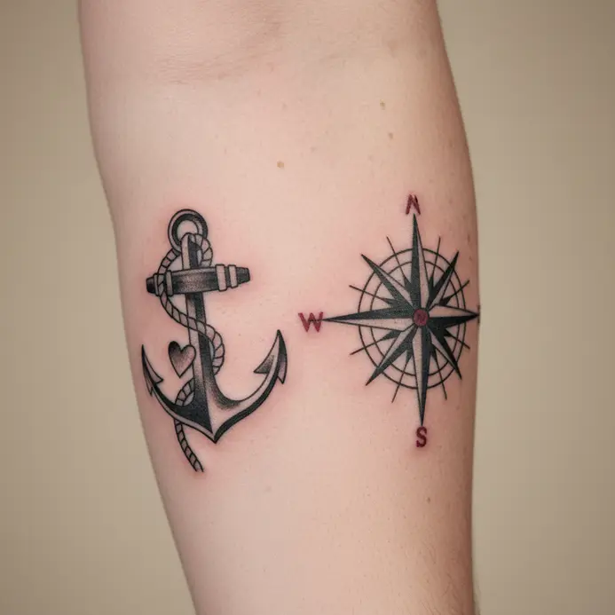 A traditional anchor tattoo paired with a detailed compass rose.