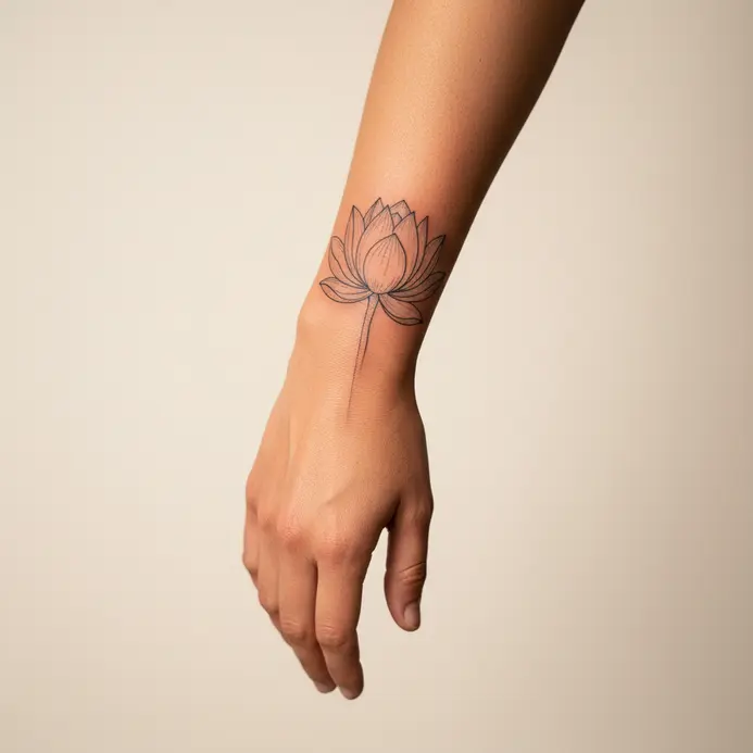 A clean, single-line outline of a closed lotus flower bud.