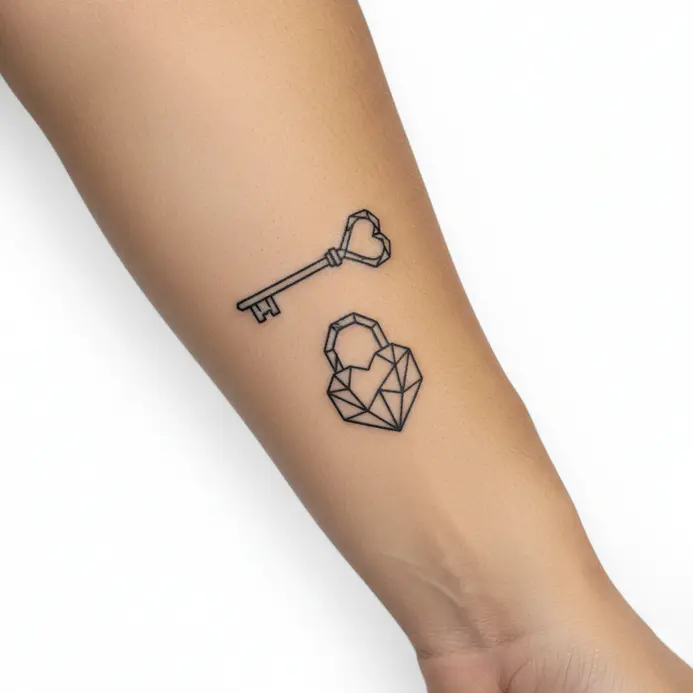Two minimalist outline tattoos of a key and a matching lock.