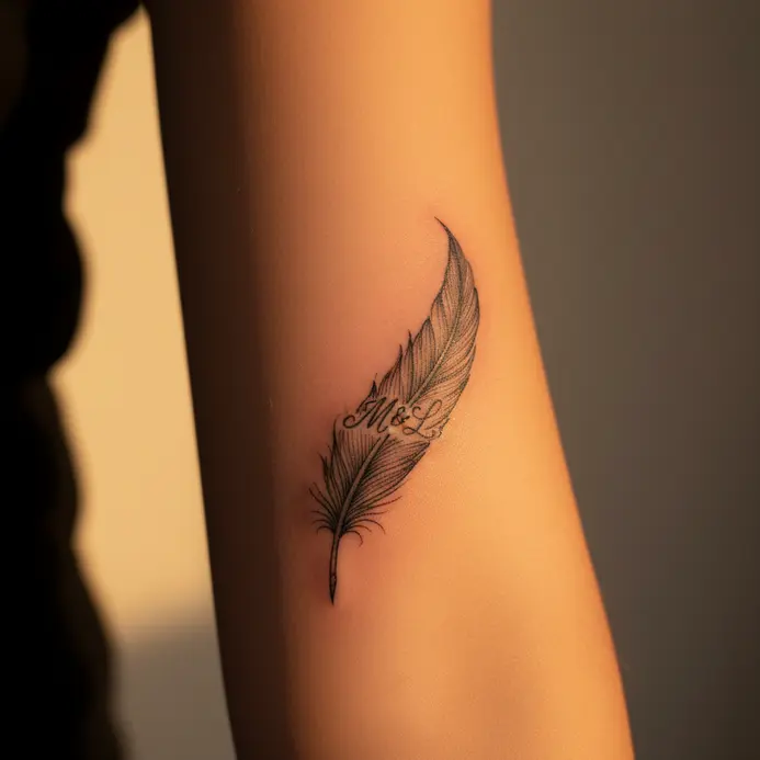 A delicate feather tattoo with small cursive initials woven into the quill.