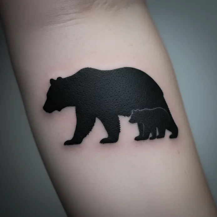 A solid black silhouette of a large bear followed by a smaller cub.