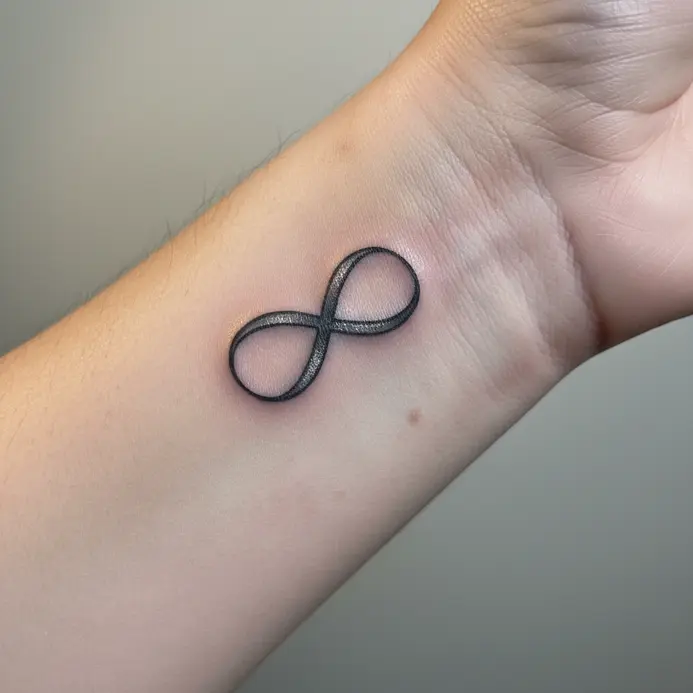 A simple, single-line infinity symbol tattooed on the inner wrist.