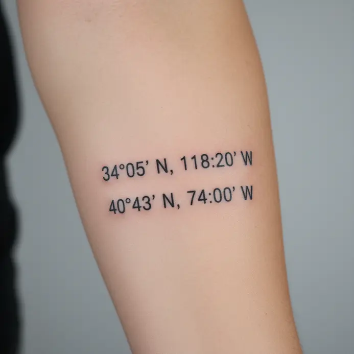 Geographic coordinates typed in a clean font along the ribcage.