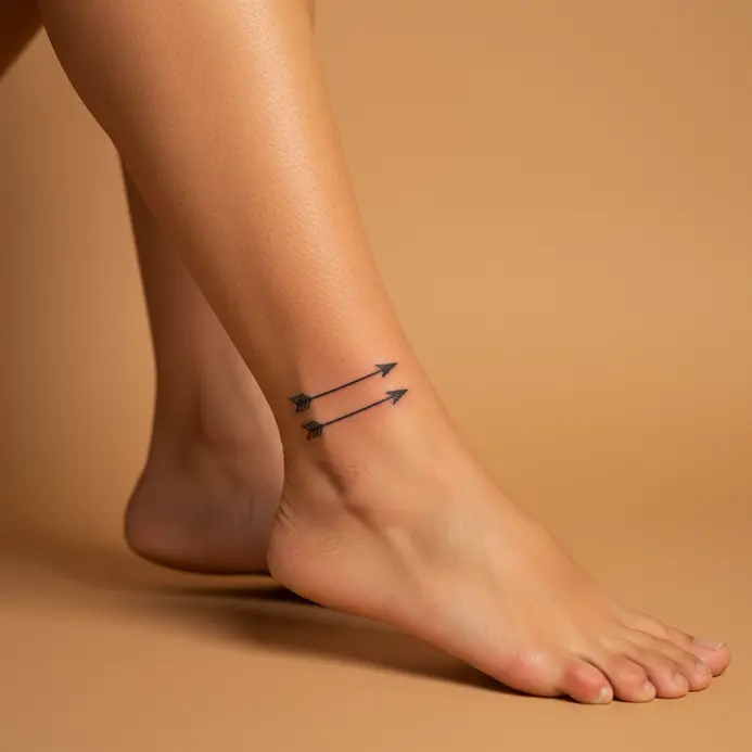 A minimalist arrow tattoo pointing in one direction on the ankle.