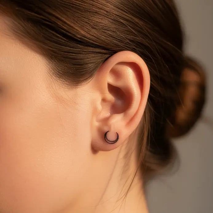 A small, simple outline of a crescent moon behind the ear.