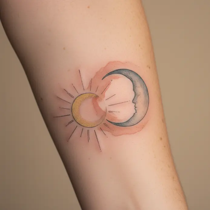Soft watercolor blends of yellow and blue depicting a sun and a moon on a forearm.