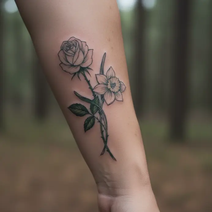 A minimalist line art tattoo of a specific flower on a slender stem.