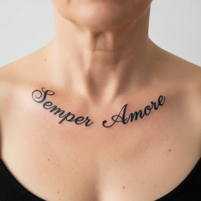 Elegant cursive handwriting forming a short phrase along the collarbone.