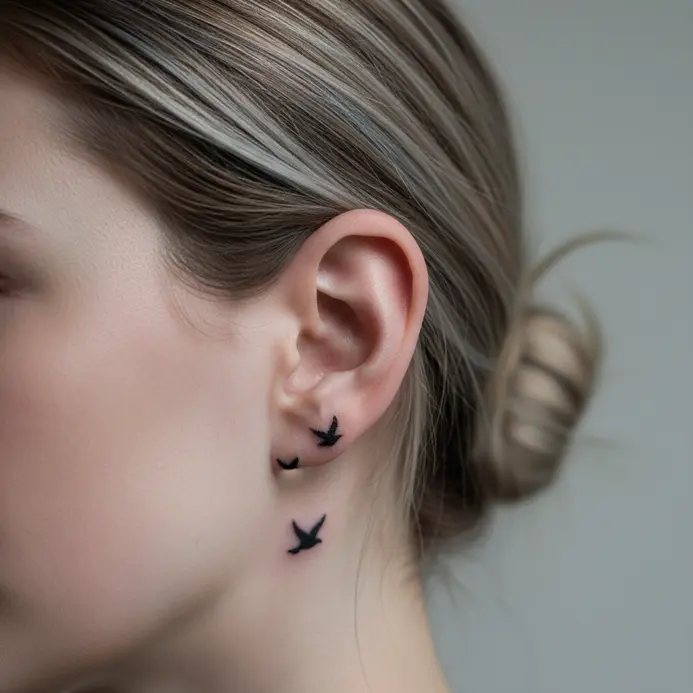 A simple black silhouette of a bird in flight behind the ear.