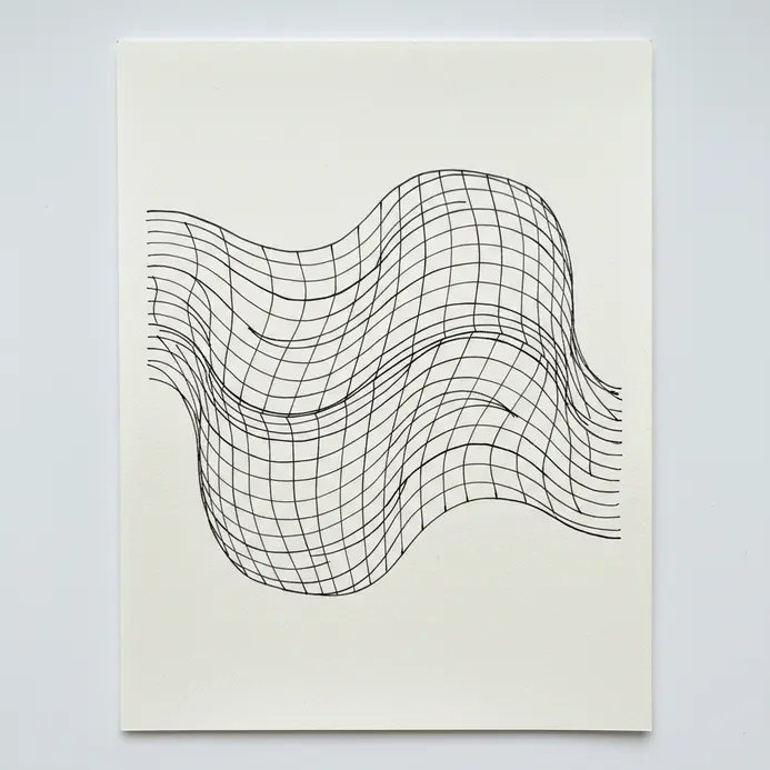 A detailed black ink drawing showing a grid of parallel lines that curve and warp across a white page.