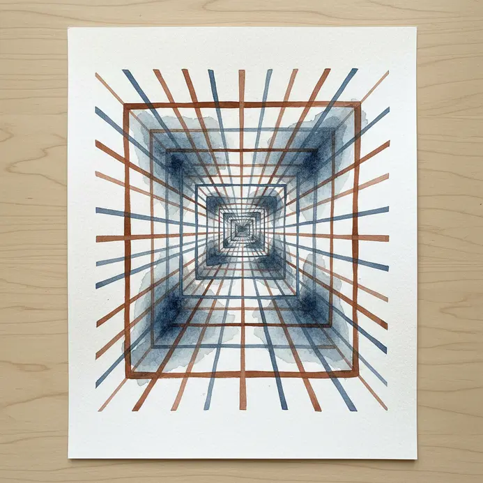A tiled floor drawn in forced perspective, making the corridor appear to stretch or bend impossibly.