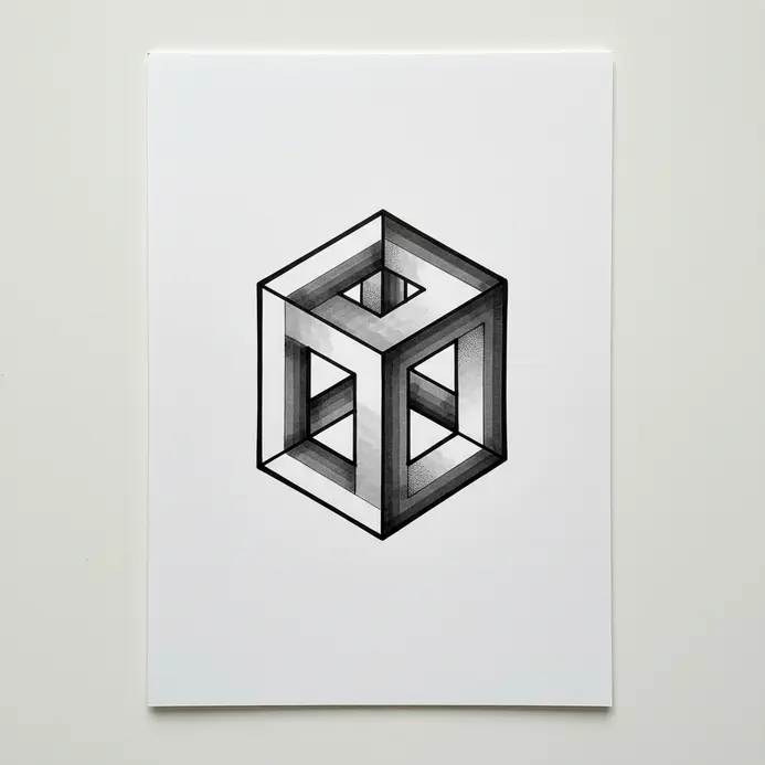 A line drawing of a cube that uses shading and line weight to create the illusion of floating in space.