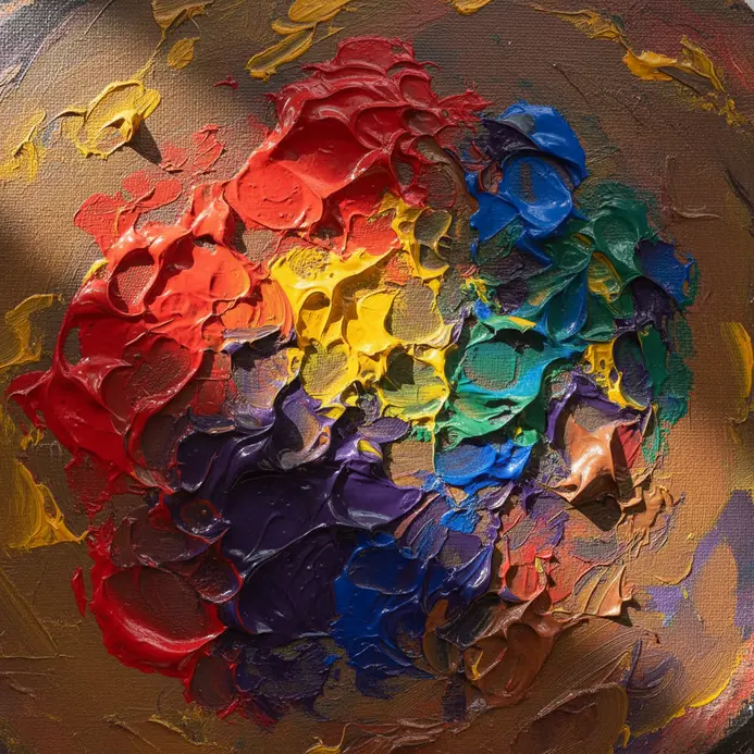 A close-up of red, yellow, and blue acrylic paints being blended on a white palette.
