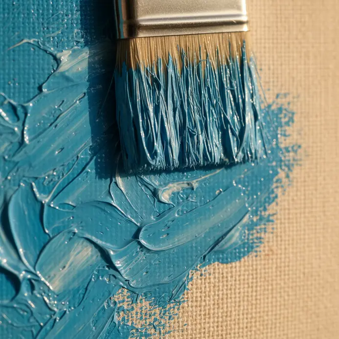 A flat brush fully loaded with blue paint makes contact with a white canvas.