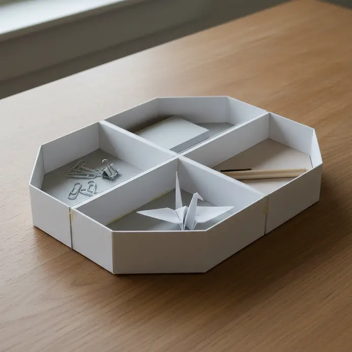 A heavyweight cardstock desk organizer with angular modular compartments holding paper clips and sticky notes.