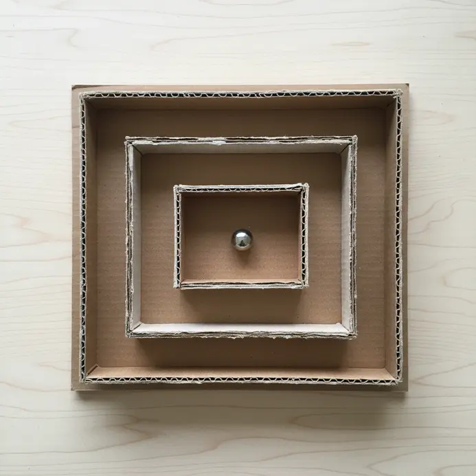 A flat interlocking cardboard maze with a small metal ball on a desktop next to a notebook.